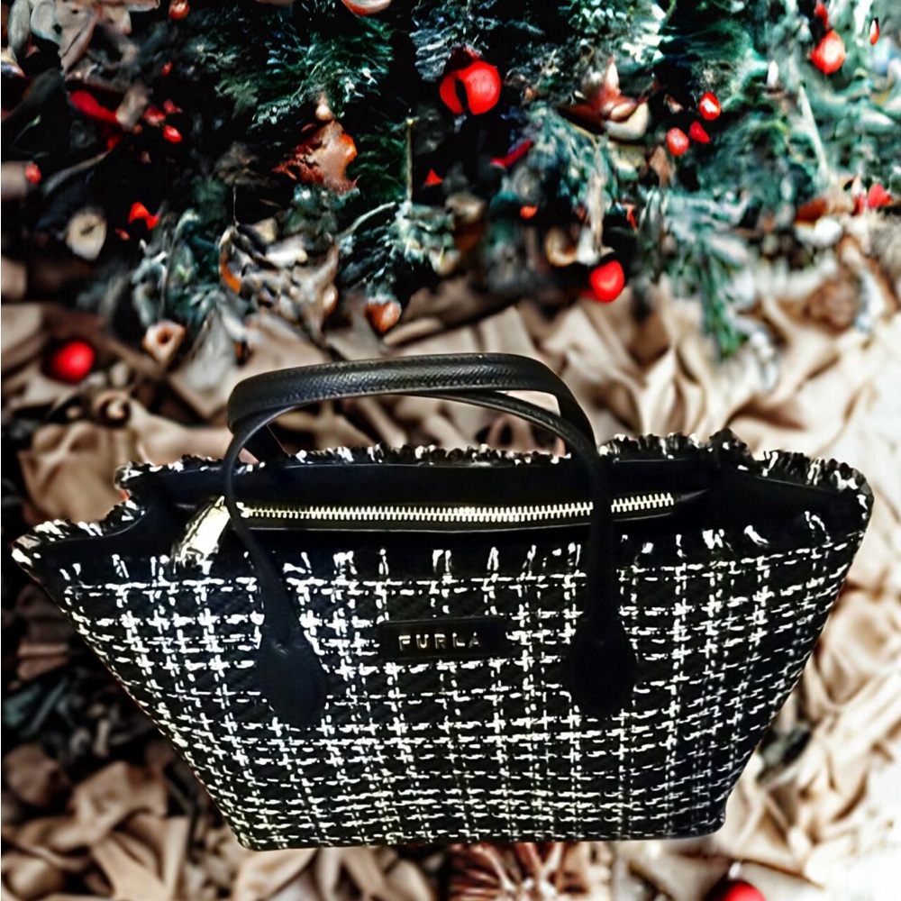 🎄🖤 FURLA Black & White Checkered Tweed Tote | Fringe Top | NWT 🖤🎄